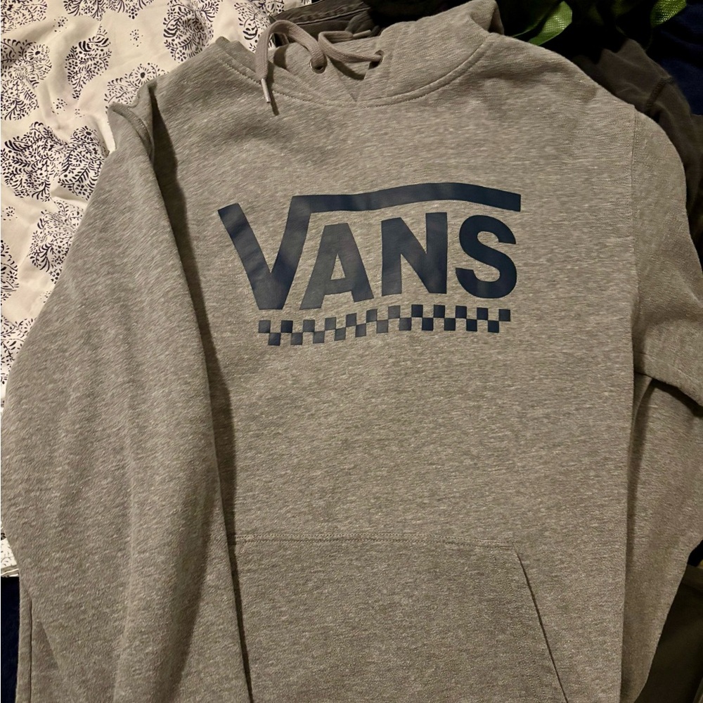 Vans Gray Hoodie with Navy Logo and Checker